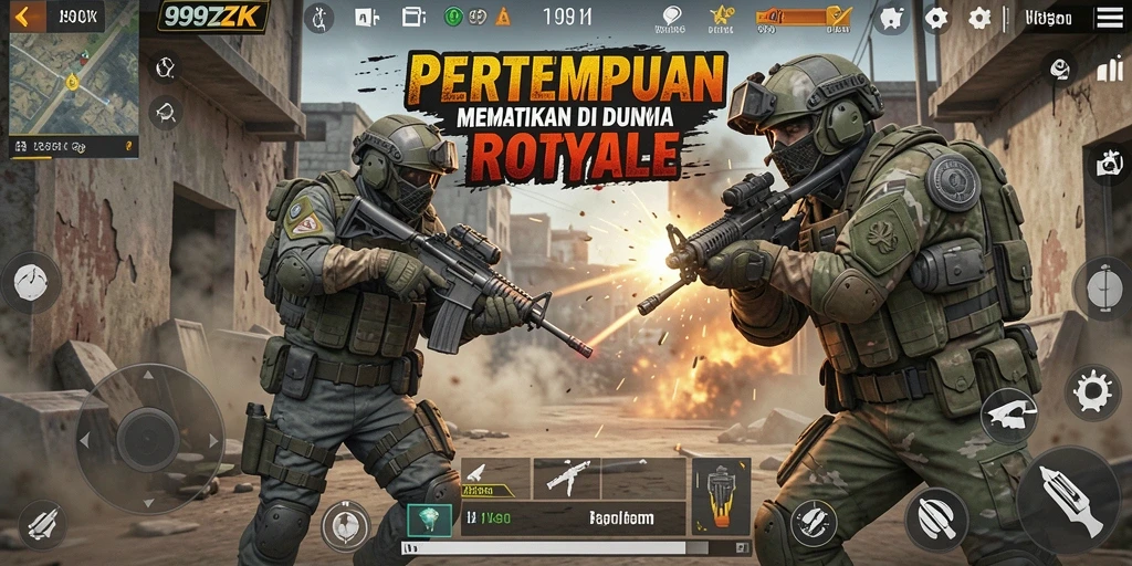 Screenshot gameplay 999ZK menampilkan pertarungan intens di arena Battle Royale.