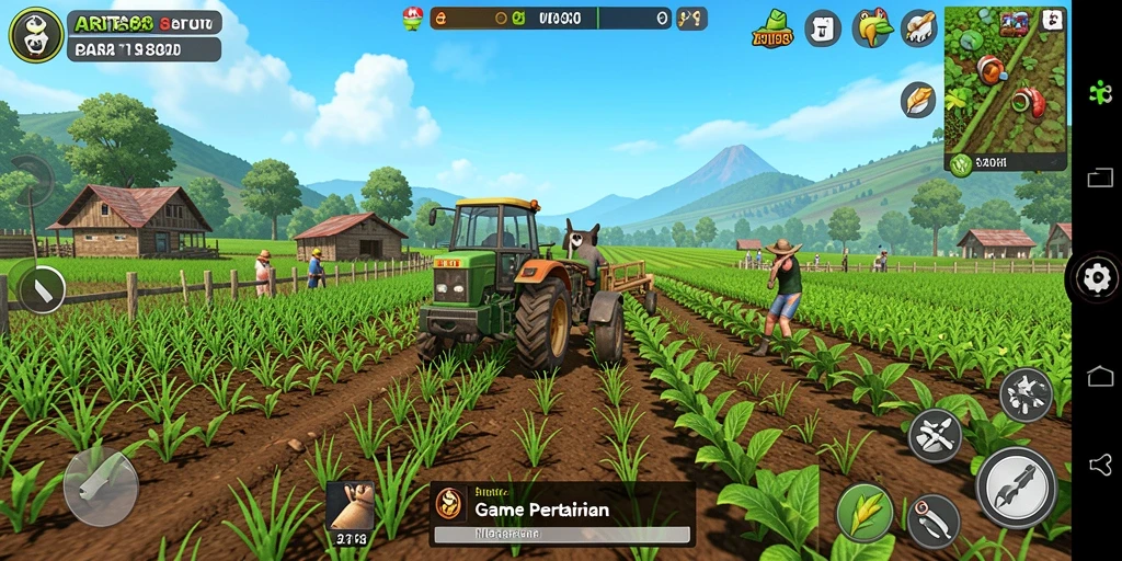 Screenshot gameplay ARISTA88 menampilkan suasana pertanian yang asri dan interaksi pemain.