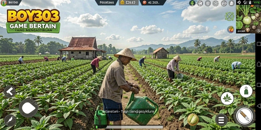 Tampilan gameplay BOY303 dengan lahan pertanian yang subur dan animasi hewan.