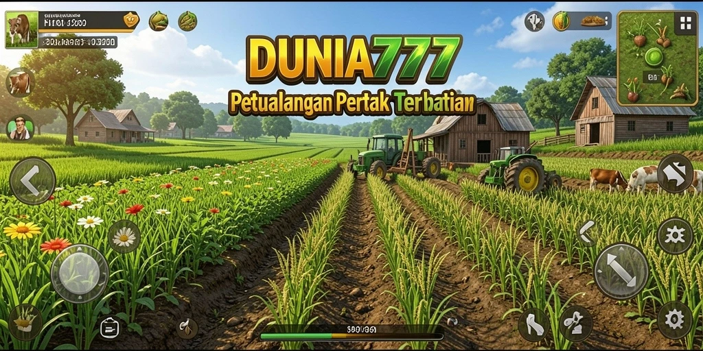 Screenshot gameplay DUNIA777 menampilkan ladang yang hijau dan beragam tanaman.