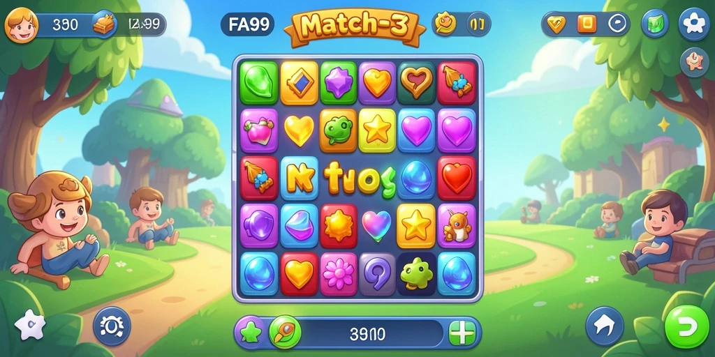 Screenshot gameplay FA99 menampilkan kombinasi elemen Match-3 yang menarik.