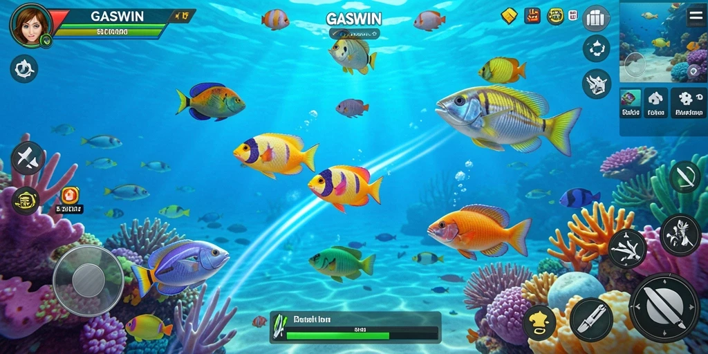 Screenshot utama GASWIN menampilkan aksi menembak ikan yang seru.