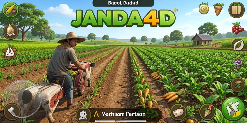 Tampilan screenshot <strong>JANDA4D</strong> yang menunjukkan kebun yang subur dan hewan peliharaan.