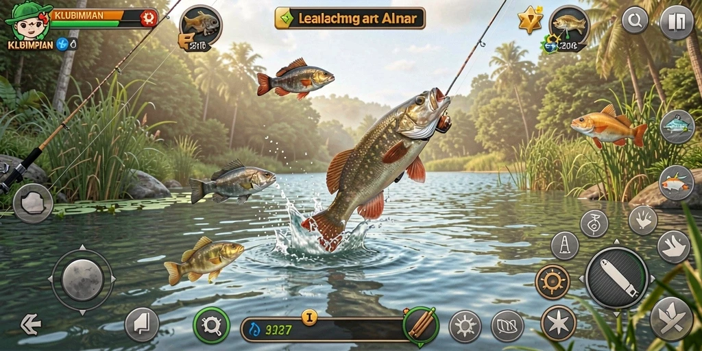 Screenshot gameplay KLUBIMPIAN dengan pemandangan memancing yang indah.