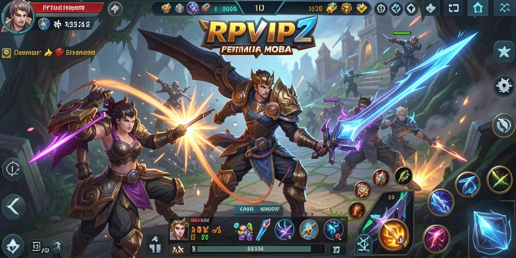 Tangkapan layar RPVIP2 menunjukkan pertempuran heroik dalam arena MOBA yang intens.