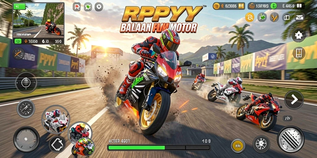 Screenshot gameplay RPYYY menampilkan ketegangan balapan motor yang mendebarkan.