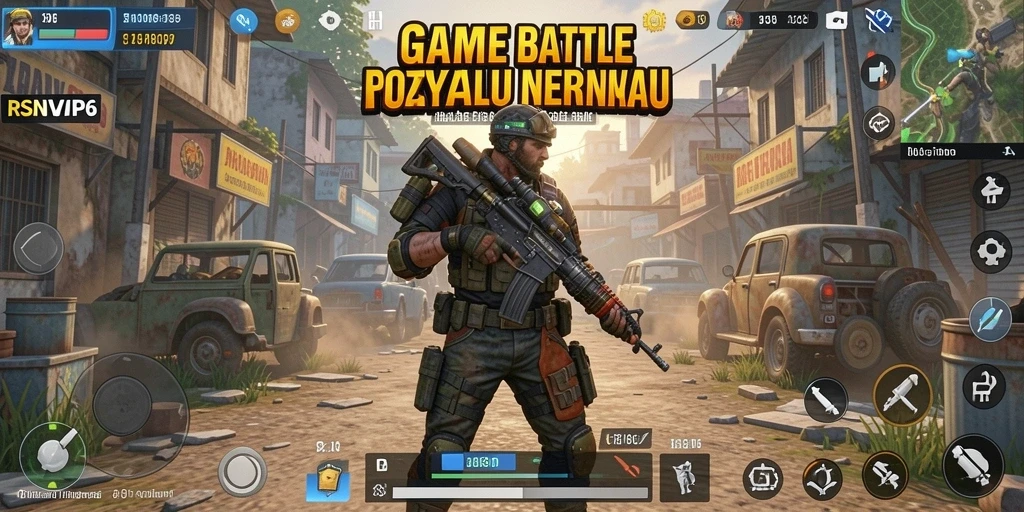 Tampilan gameplay RSNVIP6 dengan aksi seru di medan perang Battle Royale.