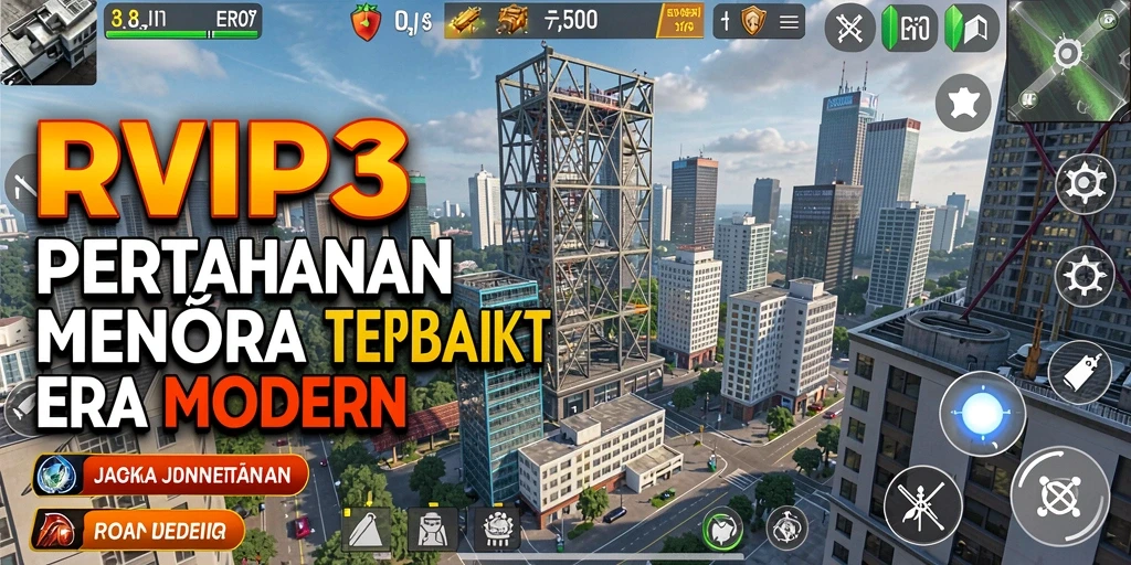 Tampilan gameplay seru dari RVIP3 dengan berbagai menara dan musuh.