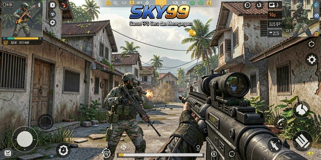 Screenshot SKY99 menampilkan aksi tembak-menembak yang intens dalam gameplay FPS.