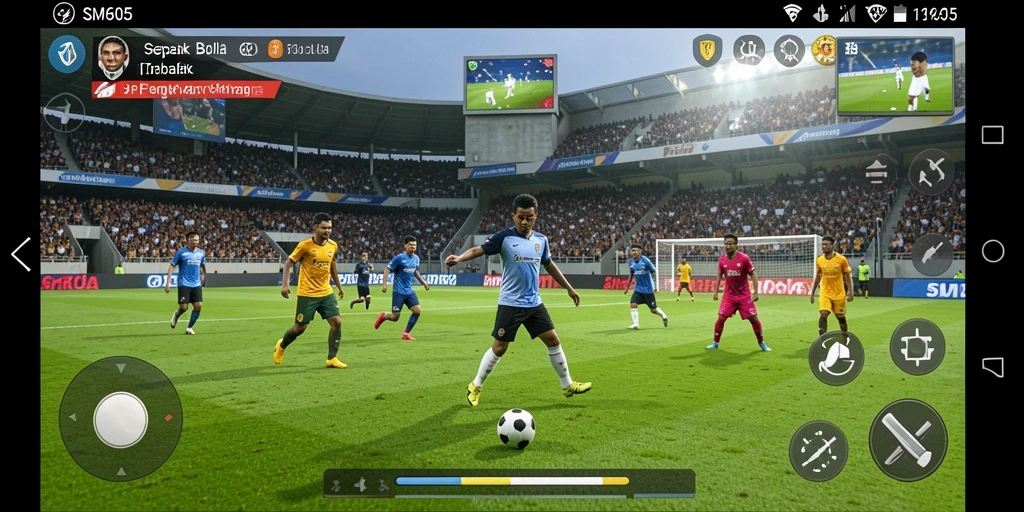 Gameplay SM605 menampilkan aksi sepak bola yang seru dan menegangkan.