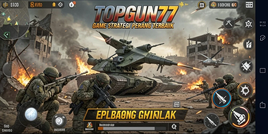 Screenshot gameplay TOPGUN77 yang menunjukkan aksi pertempuran yang intens.