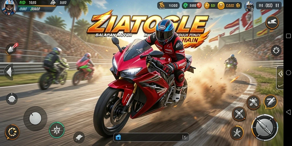 Gameplay ZIATOGEL dengan motor balap yang cepat dan rintangan menantang.